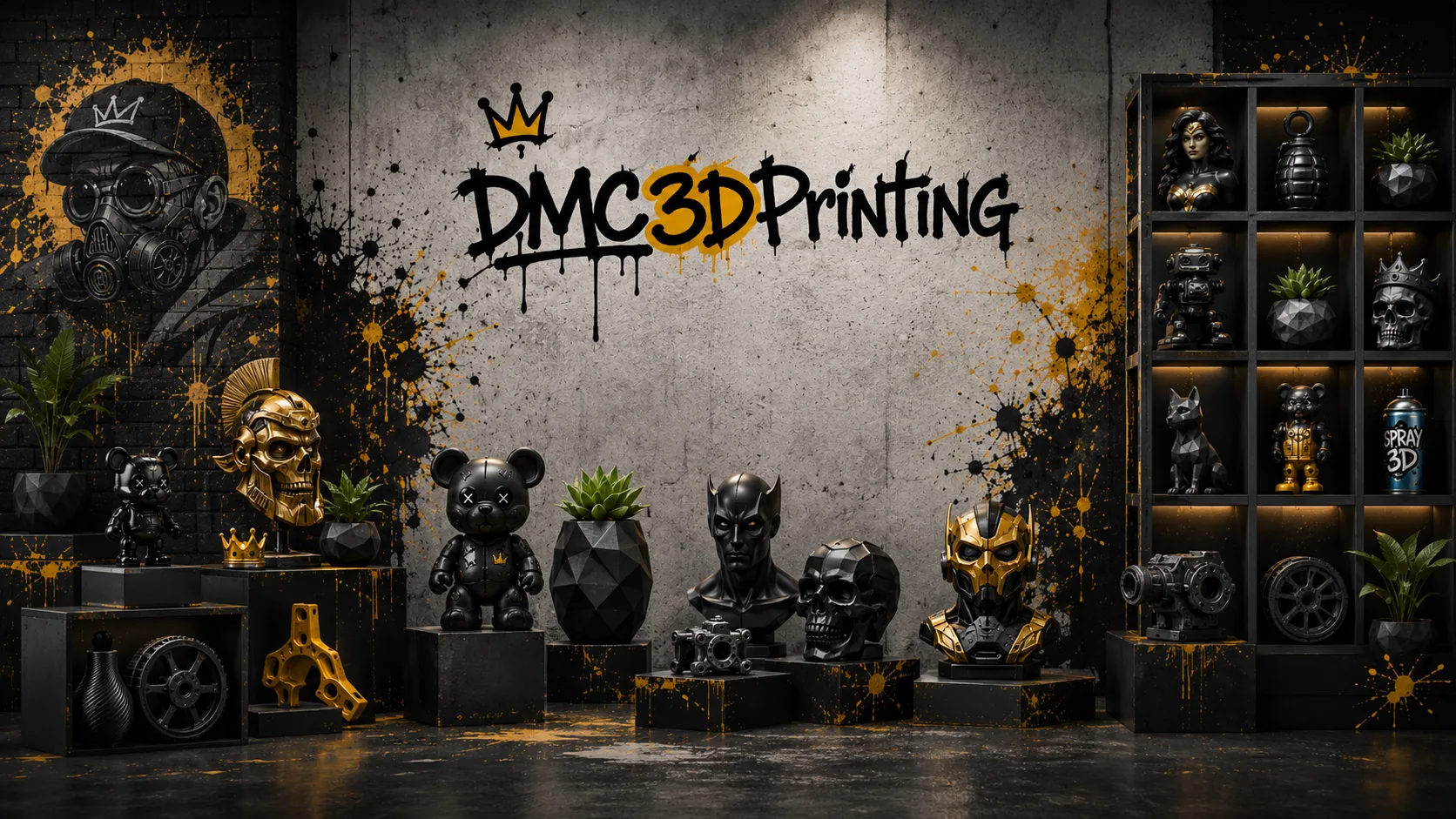 DMC3DPrinting display wall and product examples